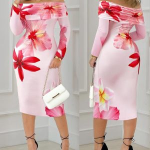 Floral Print Foldover Off Shoulder Long Sleeve Party Dress Ruched Slim Fit Vacation Dress, women Print Dresses, ChicMe catalog
