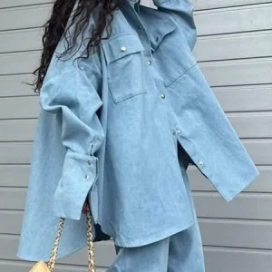 Casual Plain Buttoned Denim Shirt, Blouses and Shirts, color:Denim Blue|size:XXL, Stylewe