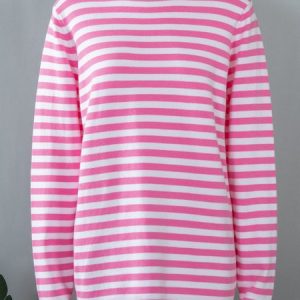Women Striped Split Joint Spring/Fall Street Long Sleeve Crew Neck Sweater, JustFashionNow Sweaters, color:Pink|size:L,