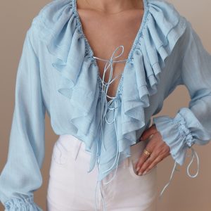 Lace Up Plunge V Neck Ruffle Blouse Casual Drawstring Long Sleeve Top, women Blouses & Shirts, ChicMe catalog