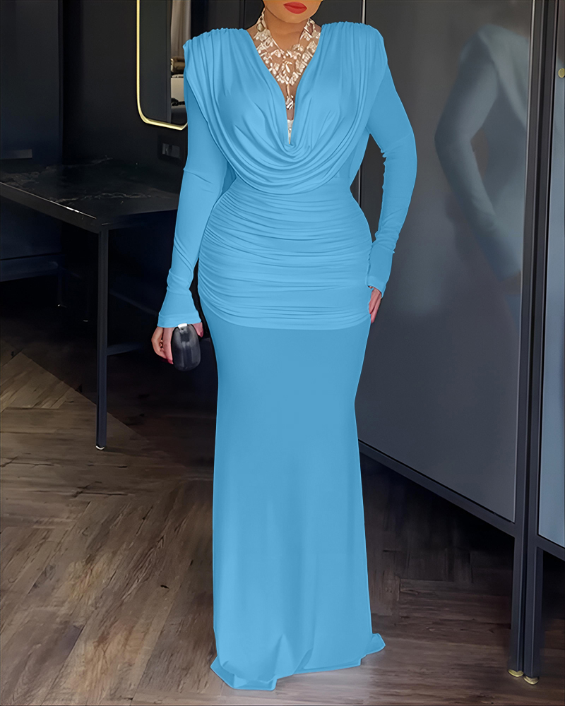 Cowl Neck Ruched Cinched Waist Slim Fit Maxi Dress Casual Padded Shoulders Backless Evening Dress, women Evening Dresses, ChicMe catalog - Image 2