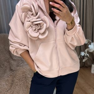 Shoulder 3D Flower Decor Hooded Coat Casual Zipper Front Loose Sweatshirt  wirh Pockets, women Sweats & Hoodies, ChicMe catalog