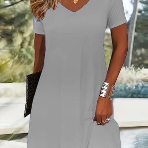 Women Little Black Dress Plain Short Sleeve Summer Dress V Neck Daily Casual Midi Fit & Flare Dress A-Line Dress, JustFashionNow Casual Dresses, color:Gray|size:5XL,