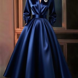 Elegant Plain Satin V Neck Midi Dress With Brooch, Maxi Dresses, color:Navy Blue|size:XXL, Stylewe