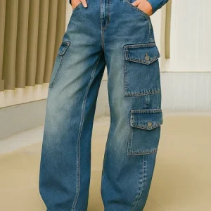 Denim Casual Plain Pockets Barrel Jeans, Jeans, color:Blue|size:XXL, Stylewe