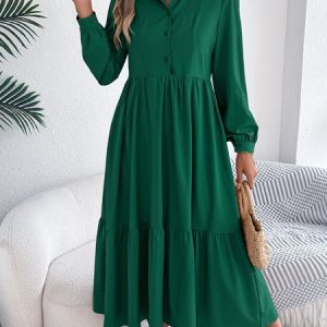 Women Plain Spring/Fall Dress Shirt Collar Long Sleeve A-Line Dress, Maxi, color:darkgreen|size:XL, catalog Noracora shop