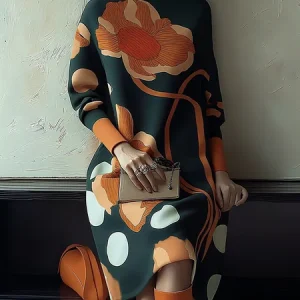 Urban Floral Printing Mock Neck Knee Length Dress, Midi Dresses, color:Orange|size:XXL, Stylewe