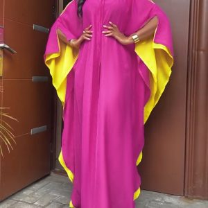 Side Colorblock Cold Shoulder Slit Batwing Sleeve Dress Casual Tie Neck Loose Fit Maxi Dress, women Maxi Dresses, ChicMe catalog