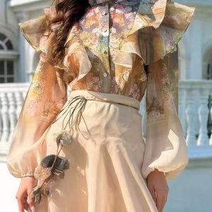 Elegant Floral Printing Stand Collar Balloon Sleeve Shirt, Blouses and Shirts, color:As Picture|size:XXL, Stylewe