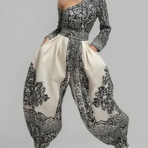 Casual Printed Asymmetrical Off-Shoulder Jumpsuit, Jumpsuits, color:Black-white|size:XXL, Stylewe