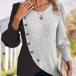 Slim Fit Round Neck Color Matching Ribbed Cross Hem Long Sleeve Spring And Autumn Knitted Commuter T-Shirt Top, Sweaters, color:Light Gray|size:3XL, catalog Noracora shop