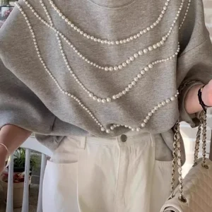 Casual Plain Beaded Crew Neck Sweatshirt, Hoodies and Sweatshirts, color:Gray|size:XXL, Stylewe