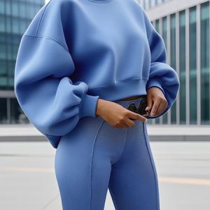 Casual Plain Ruched Crew Neck Balloon Sleeve Sweatshirt, Hoodies and Sweatshirts, color:Blue|size:XXL, Stylewe
