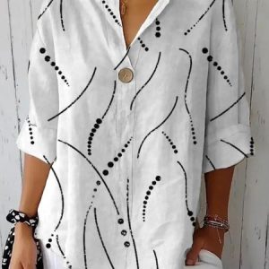 Shawl Collar Three Quarter Sleeve Geometric Regular Loose Blouse For Women, Blouses, color:White|size:3XL, catalog Noracora shop