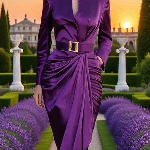 Elegant Plain Ruched Stand Collar Midi Dress With Belt, Midi Dresses, color:Purple|size:XXL, Stylewe
