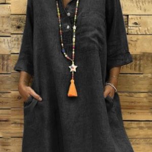 Women Plain All Season Dress Shirt Collar Three Quarter Sleeve Shirt Dress H-Line Dress, Dresses, color:Black|size:5XL, catalog Noracora shop