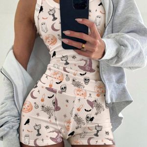 2 Pieces Outfit Graphic Print U-Neck Tank Top and Elastic Waist Shorts Set Casual Ribbed Pajamas Set, women Robe &Gown Sets, ChicMe catalog