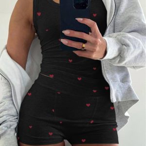 Plus Size Heart Print U-Neck Tank Top and Elastic Waist Shorts Set Casual Ribbed Pajamas Set, women Loungewear, ChicMe catalog
