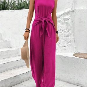 Women Plain V Neck Sleeveless Casual Summer Jumpsuit, JustFashionNow Jumpsuits＆Rompers, color:Deep Pink|size:XXL,