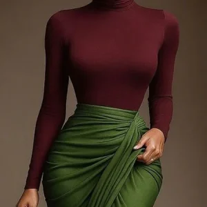 Urban Plain Turtleneck Long Sleeve T-shirt, Tees, color:Wine Red|size:XXL, Stylewe