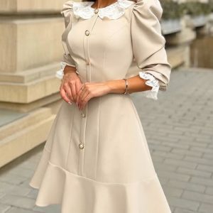 Lace Collar Puff Sleeve Lace Trim Cinched Waist A Line Dress Button Front Ruffle Hem Party Dress, women Casual Dresses, ChicMe catalog