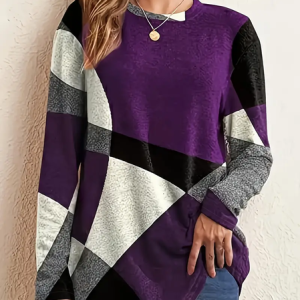 Casual Abstract Color Block Print Crew Neck Long Sleeve T-shirt, T-shirts, color:Purple|size:XXL, catalog Noracora shop