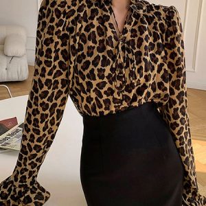 Plus Size Loose Urban Ruffled Sleeves Leopard Stand Collar Blouse, Plus Tops, color:Leopard|size:4X, Stylewe