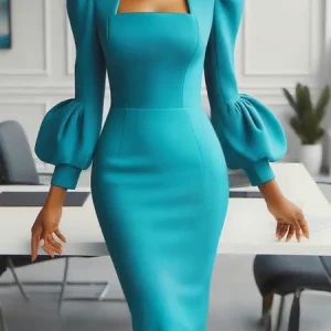 Elegant Color Block Balloon Sleeve Split Joint Square Neck Knee Length Dress, Midi Dresses, color:Black-blue|size:XXL, Stylewe
