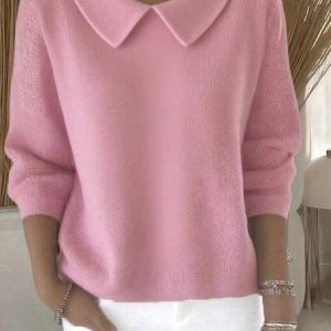 Women Plain Spring/Fall Casual Long Sleeve Shawl Collar Cotton Sweater, JustFashionNow Sweaters, color:Pink|size:4XL,