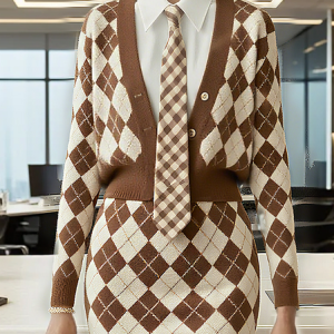 Yarn/Wool Yarn Urban Plaid Sweater Cardigan No Tie, Cardigans, color:Brown|size:XXL, Stylewe