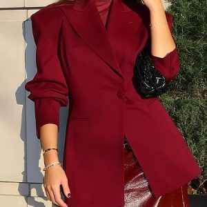 Elegant Plain Lapel Collar Blazer, Blazers, color:Wine Red|size:XXL, Stylewe