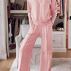 Women Plain Split Joint Two-Piece Set Daily Long Sleeve Casual Spring/Fall Top With Pants Matching Set, JustFashionNow Suit Set, color:Pink|size:5XL,