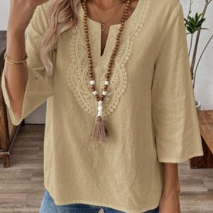 Women Plain Three Quarter Sleeve Shirt Spring/Fall Crew Neck Daily Casual Top, JustFashionNow Blouses, color:Apricot|size:XL,