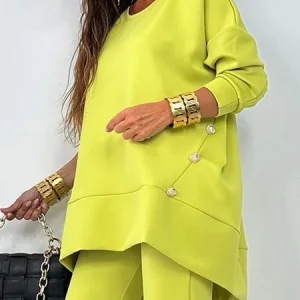 Casual Plain Buttoned Crew Neck  Sweatshirt, Hoodies and Sweatshirts, color:Yellow|size:XXL, Stylewe