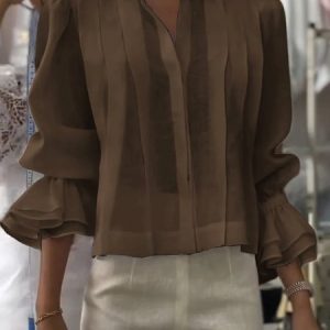 Shirt Collar Long Sleeve Plain Regular Regular Fit Shirt For Women, Shirts, color:Brown|size:3XL, catalog Noracora shop