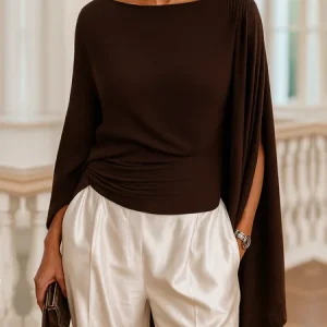 Casual Plain Ruched Crew Neck Dolman Sleeve Blouse, Blouses and Shirts, color:Brown|size:XXL, Stylewe