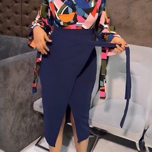 2 Pieces Outfit Colorblock Geometric Print V-Neck Flare Sleeve Tie Cuffs Top and High Waist Zipper Back Bow Tie Waist Wrap Front Slit Skirt Set, women Two-piece Sets, ChicMe catalog