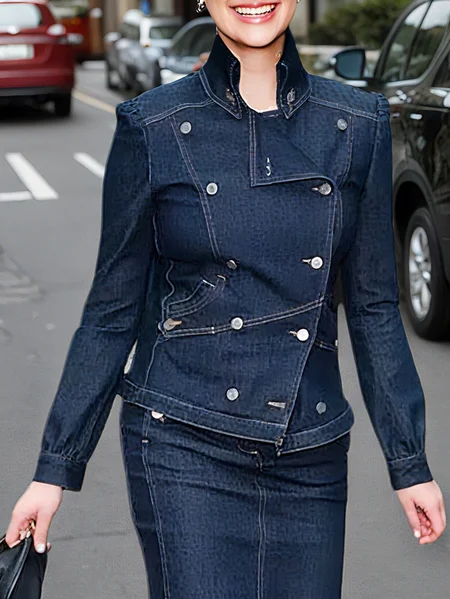 Urban Buttoned Color Block Shawl Collar Denim Coat, Jackets, color:Blue|size:XXL, Stylewe