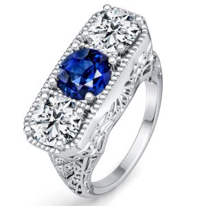 unique engagement rings - Italo 3 Stone Antique Blue & White Sapphire Filigree Unique Engagement Rings, Italo jewelry - Online Catalog