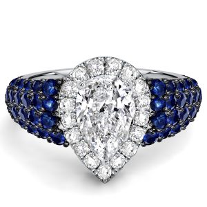 unique engagement rings - Italo 2 Tone Halo Pear Cut Blue Sapphire Unique Engagement Rings, Italo jewelry - Online Catalog