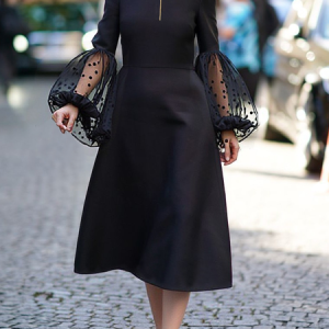 Elegant Plain Balloon Sleeve Crew Neck Midi Dress, Midi Dresses, color:Black|size:XXL, Stylewe