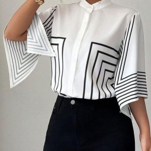 Urban Striped Mock Neck Shirt, Blouses and Shirts, color:White|size:XXL, Stylewe