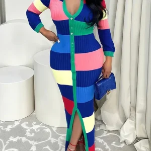 Urban Plaid Shirt Collar Sweater Dress, Maxi Dresses, color:As Picture|size:XXL, Stylewe