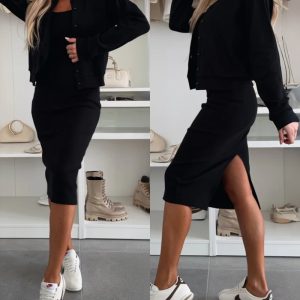 2 Pieces Outfit Square Neck Sleeveless Slit Back Bodycon Dress and Button Front Baseball Coat Set, women Two-piece Sets, ChicMe catalog