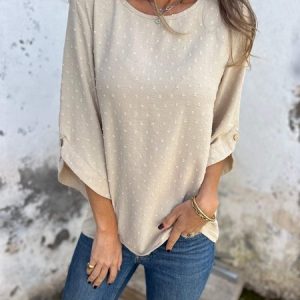 Women Polka Dots Crew Neck Casual Three Quarter Sleeve T-shirt, Tees & T-shirts, Roselinlin - Online Catalog