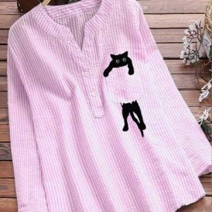 Women Striped Long Sleeve Shirt Spring/Fall Printing V Neck Daily Vintage Top, JustFashionNow Blouses, color:Pink|size:3XL,
