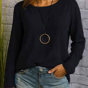 Casual Plain Crew Neck Long Sleeve T-shirt, T-shirts, color:Black|size:3XL, catalog Noracora shop