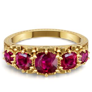 anniversary band - Italo Golden Filigree Antique Cushion Cut Ruby Ring Five Stone Wedding Band Ring, Italo jewelry - Online Catalog
