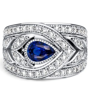 anniversary band - Italo Floral Pear Cut Blue Sapphire Wedding Band For Women Anniversary, Italo jewelry - Online Catalog