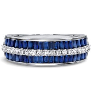 anniversary band - Italo Channel Set Blue Sapphire Emerald Cut Wedding Band For Women, Italo jewelry - Online Catalog
